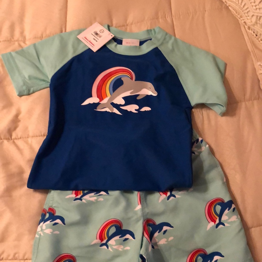 Hanna Andersson toddler swim shirt and trunks